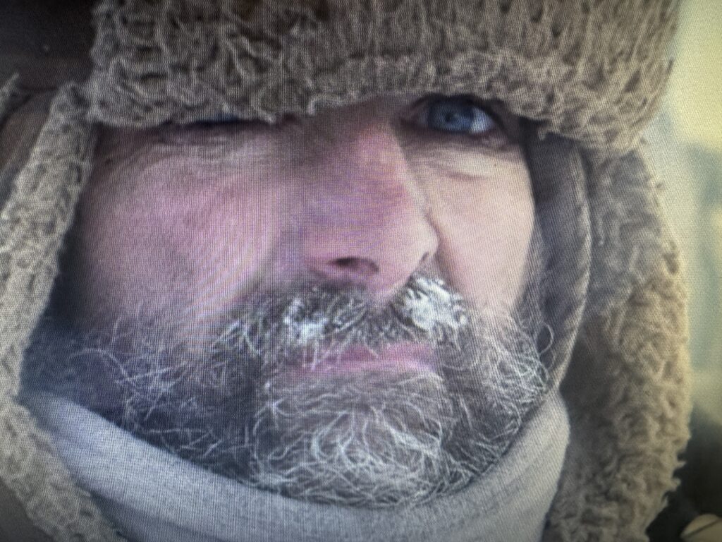 Dub Paetz in winter at the Arctic circle with ice on face